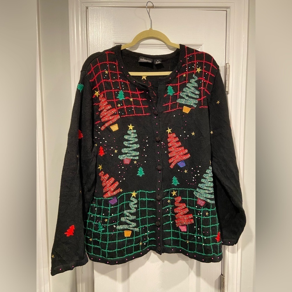 Rebecca Malone Size 1X Cotton Ramie Embellished Vintage Christmas Tree Cardigan
